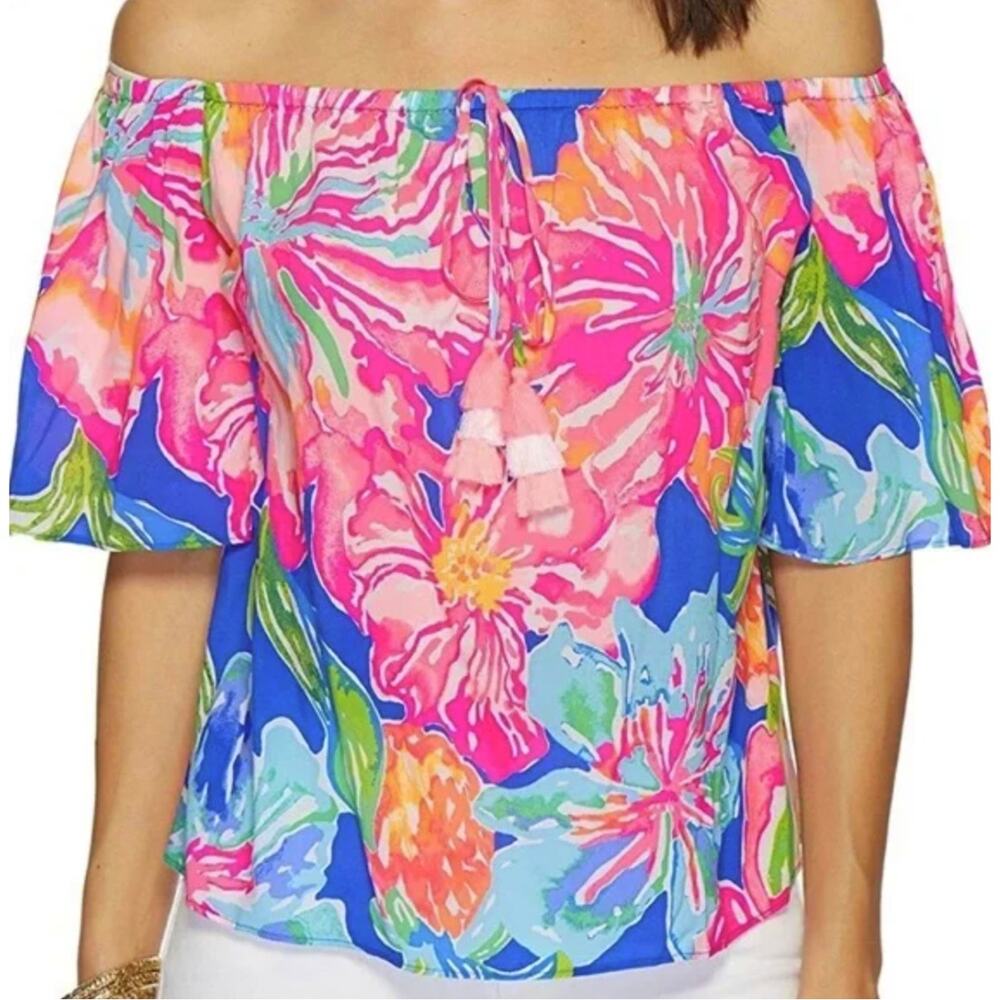 Lilly Pulitzer Sain Off The Shoulder Top Shirt XS Jungle Utopia Resort Vacation